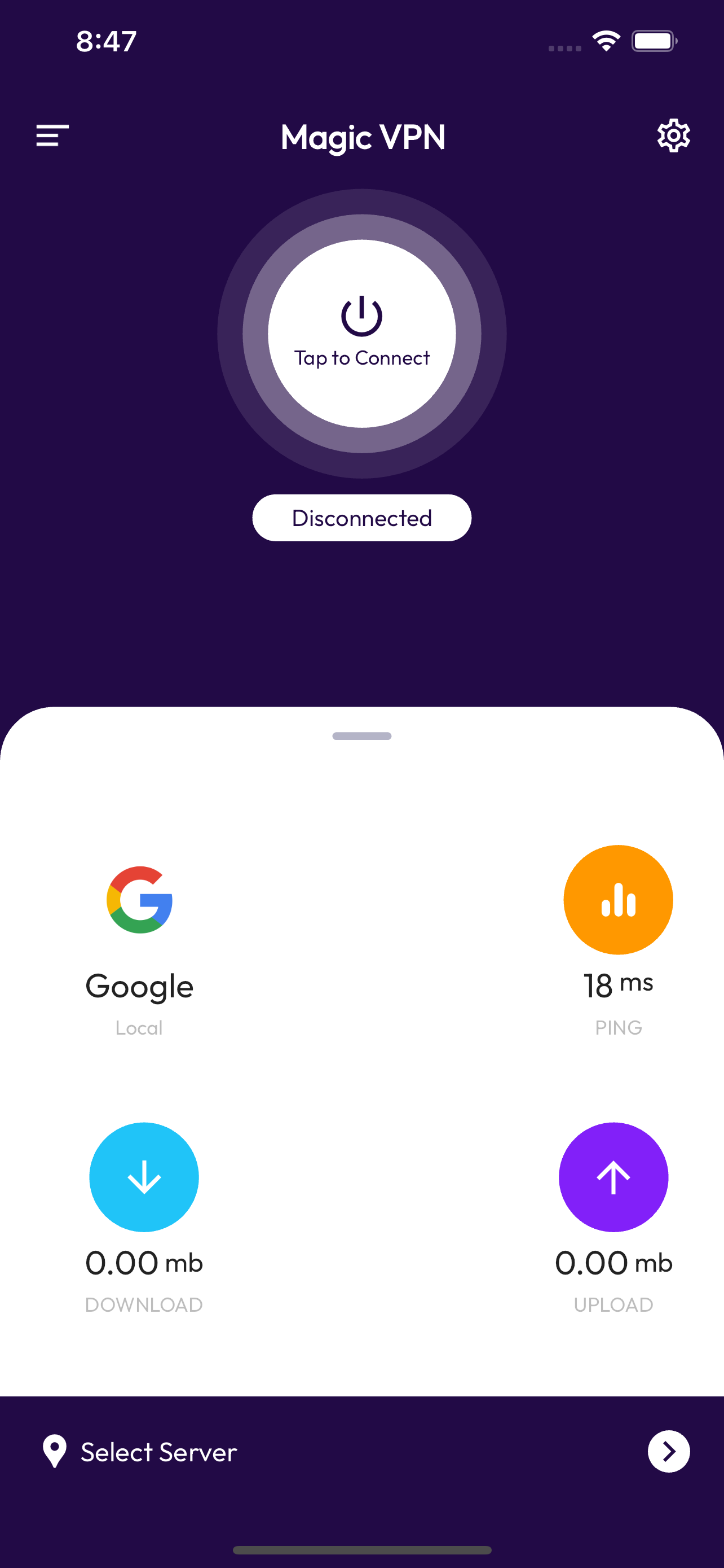 Magic VPN app interface showing one-tap connect, server stats, and DNS selection